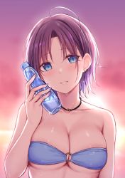 1girl ahoge asakura_toru backlighting bare_shoulders bikini blue_bikini blue_eyes blue_nails blurry blurry_background blush bottle bottle_to_cheek breasts cai_geng cleavage collarbone earrings female_focus holding holding_bottle idolmaster idolmaster_shiny_colors jewelry looking_at_viewer medium_breasts nail_polish necklace o-ring o-ring_bikini outdoors parted_bangs parted_lips pink_sky purple_hair short_hair sky smile solo strapless strapless_bikini sweat swimsuit underboob upper_body
