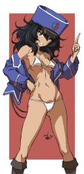 1girl absurdres andou_(girls_und_panzer) bad_source bc_freedom_military_uniform bikini black_boots black_hair boots breasts brown_eyes erakin girls_und_panzer grin hand_on_own_hip hat highres kepi knee_boots long_hair looking_at_viewer medium_breasts messy_hair military_hat military_uniform navel simple_background smile solo swimsuit white_bikini