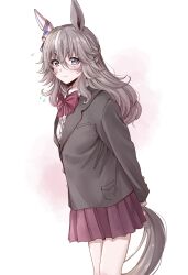 1girl akari_0313 alternate_costume animal_ears arms_behind_back blue_eyes blush closed_mouth commentary_request grey_hair hair_between_eyes hair_ornament highres horse_ears horse_girl horse_tail looking_at_viewer school_uniform smile solo tail thick_eyebrows umamusume white_background wonder_acute_(umamusume)