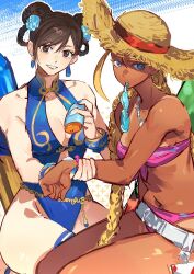 2girls applying_sunscreen belt bikini black_hair blonde_hair blue_eyes blue_one-piece_swimsuit bracelet braid braided_hair_rings breasts brown_eyes brown_hair cammy_white capcom chun-li commentary dark-skinned_female dark_skin earrings flower hair_flower hair_ornament hair_rings hat highleg highleg_one-piece_swimsuit highres jewelry looking_at_viewer loose_belt lotion multiple_girls official_alternate_costume official_alternate_hairstyle one-piece_swimsuit pink_bikini smile strapless strapless_bikini straw_hat street_fighter street_fighter_6 sunscreen swimsuit symbol-only_commentary tan tanline thighs twintails white_belt yumi_xsh