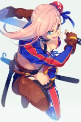 1girl american_flag american_flag_bikini american_flag_print asymmetrical_gloves bikini blue_eyes blue_jacket blush breasts brown_gloves bun_cover choker cleavage cropped_jacket echo_(circa) fate/grand_order fate_(series) fingerless_gloves flag_print flag_print_bikini gloves hair_bun hair_ribbon jacket katana large_breasts long_hair long_sleeves looking_at_viewer miyamoto_musashi_(fate) miyamoto_musashi_(fate/grand_order) miyamoto_musashi_(swimsuit_berserker)_(fate) miyamoto_musashi_(swimsuit_berserker)_(second_ascension)_(fate) navel open_mouth pink_hair print_bikini ribbon sheath shrug_(clothing) single_side_bun smile solo swept_bangs swimsuit sword thighhighs thighs weapon