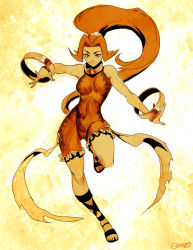 1girl bangle bracelet breasts dancing dark-skinned_female dark_skin din female_focus genzoman hair_intakes jewelry large_breasts long_hair lots_of_jewelry navel neck_ring nintendo pointy_ears red_hair sandals skin_tight sleeveless smile solo the_legend_of_zelda the_legend_of_zelda:_oracle_of_seasons toes toned toned_female unitard very_long_hair
