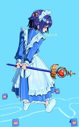 1girl absurdres apron arms_behind_back blue_background blue_dress blue_hair chalk_outline dress frilled_apron frills from_behind full_body hair_bobbles hair_ornament heart highres holding holding_behind_back holding_wand kagenoyuhi long_sleeves looking_down maid maid_apron maid_headdress no_shoes original pinky_out short_hair socks solo twitter_username wand white_apron white_socks