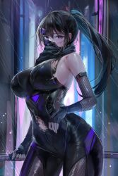 1girl absurdres bare_shoulders black_hair black_scarf blood blurry blurry_background breasts broken_mask commentary_request cowboy_shot cuts detached_sleeves fingerless_gloves fishnets gloves high_ponytail highres holding holding_sword holding_weapon injury large_breasts lillly long_hair looking_at_viewer mask navel ninja original ponytail purple_eyes scarf sidelocks skin_tight sleeveless sword torn_clothes weapon