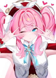 1girl ;) absurdres aqua_bow aqua_bowtie aqua_eyes blush bow bowtie commentary double_v dress drill_hair hat heart highres honkai:_star_rail honkai_(series) hyacine_(honkai:_star_rail) one_eye_closed pink_hair red_dress red_hat simple_background smile solo twin_drills upper_body v v_over_eye voi_271 white_background