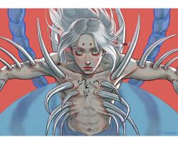 Rule 34 | 1boy, abs, bags under eyes, body horror, bone, bone weapon, braid, dark background, dynamic pose, face mark, facial mark, forehead mark, green eyes, kaguya kimimaro, long hair, looking at viewer, louiruii, male focus, naruto (classic), naruto (series), red background, solo, upper body, white hair