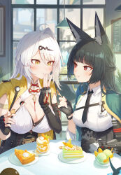 4girls absurdres ahoge animal_ear_fluff aqua_jacket arm_out_of_sleeve asymmetrical_gloves black_gloves black_hair black_necktie breasts bright_pupils cafe cake cake_slice cleavage collared_shirt commentary_request desert eating elbow_gloves fingerless_gloves food fork fox_girl fruit_tart gauntlets gloves hair_ornament hand_up highres holding holding_fork holding_spoon hoshimi_miyabi ice_cream id_card indoors jacket ju_fufu large_breasts light_blush long_hair looking_at_another mole mole_on_breast multiple_girls necktie red_eyes shirt single_elbow_glove single_gauntlet single_hair_intake soukaku_(zenless_zone_zero) spoon tang-du tart_(food) thumbs_up uneven_gloves white_hair white_pupils white_shirt yellow_eyes yellow_jacket yixuan_(zenless_zone_zero) zenless_zone_zero