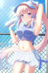 1girl arm_behind_head armpits blue_hair blue_sky blue_visor blush bottle breasts chain-link_fence cloud commentary_request cowboy_shot crop_top day fence genshin_impact gradient_hair hand_up highres holding holding_bottle hyakuya_iori long_hair looking_at_viewer medium_breasts miniskirt multicolored_hair navel official_alternate_costume outdoors parted_lips pink_hair purple_eyes sangonomiya_kokomi sangonomiya_kokomi_(pulse+) sideboob signature skirt sky solo stomach sweat twitter_username very_long_hair visor_cap water_bottle white_skirt wristband