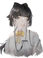 1girl absurdres alternate_costume black_bow black_hair bow bowtie collared_shirt colored_inner_hair commentary cropped_torso elyzerda female_rover_(wuthering_waves) hair_bow hair_ornament hairclip highres long_hair looking_afar looking_ahead multicolored_hair parallel_hairclips rover_(wuthering_waves) shirt simple_background solo white_background white_hair white_shirt wuthering_waves yellow_bow yellow_bowtie yellow_eyes