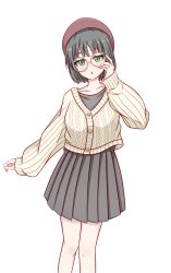1girl :o alternate_costume bespectacled black_hair blunt_bangs blunt_ends bob_cut cardigan collarbone commentary_request feet_out_of_frame glasses green_eyes grey_shirt grey_skirt highres link!_like!_love_live! long_sleeves love_live! miniskirt momose_ginko open_mouth pink-framed_eyewear pleated_skirt round_eyewear shirt short_hair simple_background skirt sleeves_past_wrists solo standing toniko_(ncmk_yua) virtual_youtuber white_background white_cardigan