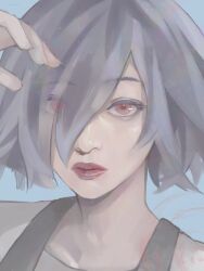 1girl blue_hair closed_mouth hair_over_one_eye hand_up highres kirishima_touka long_sleeves looking_at_viewer portrait shirt short_hair solo stfr_(stfr_kaz) tokyo_ghoul tokyo_ghoul:re