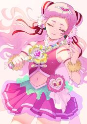 1girl back_bow bow clover_earrings cone_hair_bun cowboy_shot cure_yell flower four-leaf_clover_earrings gradient_background hair_bun hair_flower hair_ornament hair_ribbon heart heart_hair_ornament heart_pouch highres hugtto!_precure layered_skirt long_hair magical_girl muginome_(bakuga_chan2) navel nono_hana pink_background pink_hair pink_shirt pink_skirt precure ribbon shirt short_bangs skirt smile solo thick_eyelashes thighhighs waist_brooch