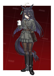 1girl :/ absurdres ahoge animal_ears arm_behind_back bag black_boots black_hair black_pantyhose boots breast_pocket brown_hair cat_ears cropped_jacket cup ear_tag earrings east_germany epaulettes eyes_visible_through_hair frown grey_jacket grey_skirt hair_between_eyes hand_up highres holding holding_cup horse_ears horse_girl horse_tail huihuang_rongyao jacket jewelry long_bangs long_hair long_hair_between_eyes long_sleeves manhattan_cafe_(umamusume) military_uniform mug multicolored_hair nationale_volksarmee pantyhose pleated_skirt pocket shoulder_bag single_earring skirt solo tail umamusume variant_set very_long_hair watermark white_hair yellow_eyes