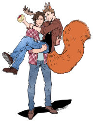 2boys animal_ears antlers black_shirt blue_shirt brothers brown_jacket brown_shoes burger carrying dean_winchester denim food food_on_face full_body holding holding_food horns hug incest jacket jeans male_focus moose_antlers multiple_boys pants pensan princess_carry red_jacket sam_winchester shirt shoes siblings squirrel_ears squirrel_tail standing supernatural_(tv_series) tail torn_clothes torn_jeans torn_pants yaoi