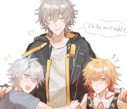 3boys aged_down antenna_hair babysitter bare_shoulders black_coat black_gloves black_tank_top blonde_hair blue_eyes blush_stickers body_markings braid caelus_(honkai:_star_rail) child closed_eyes closed_mouth coat collarbone english_text facial_mark fingerless_gloves gloves gold_necklace gradient_hair grey_hair grey_shirt hair_between_eyes hair_ornament hand_on_another&#039;s_shoulder honkai:_star_rail honkai_(series) hood hooded_coat hug jewelry lapels lightning_bolt_symbol long_sleeves looking_at_another looking_to_the_side looking_up male_focus multicolored_hair multiple_boys mydei_(a_trail_of_bygone_blood)_(honkai:_star_rail) mydei_(honkai:_star_rail) nanuuuuuu73 necklace notice_lines official_alternate_costume open_clothes open_coat open_mouth phainon_(a_dream_scented_in_wheat)_(honkai:_star_rail) phainon_(honkai:_star_rail) red_hair shirt short_hair short_sleeves simple_background single_braid smile speech_bubble t-shirt tank_top thought_bubble trailblazer_(honkai:_star_rail) two-sided_coat two-sided_fabric upper_body v-shaped_eyebrows white_background white_shirt yellow_coat yellow_eyes