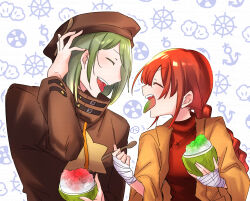 1boy 1girl absurdres arm_up bandaged_hand bandages beret brown_hat brown_jacket character_request check_character closed_eyes colored_tongue etrian_odyssey facing_another food fruit_cup green_tongue hand_on_own_head hat highres holding holding_spoon jacket long_sleeves monk_(sekaiju) monk_4_(sekaiju) nikki_kyousuke open_clothes open_jacket print_jacket profile red_shirt shaved_ice shirt spoon star_(symbol) star_print tongue tongue_out upper_body white_background wooden_spoon zodiac_(sekaiju) zodiac_3_(sekaiju)
