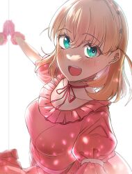Rule 34 | 2girls, :d, absurdres, aqua eyes, breasts, collarbone, commentary request, cropped, crossed bangs, dress, flower hairband, frilled dress, frilled gloves, frills, gloves, highres, hinoshita kaho, holding hands, interlocked fingers, link! like! love live!, looking at viewer, love live!, medium breasts, medium hair, multiple girls, nirei nozomi, open mouth, orange hair, pink dress, pink gloves, puffy short sleeves, puffy sleeves, real life, reflection in the mirror (love live!), see-through clothes, short sleeves, simple background, smile, solo focus, two side up, upper body, voice actor connection, white background, yaa-kun