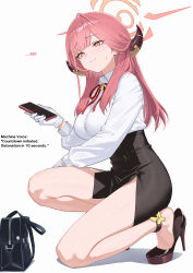 1girl aru_(blue_archive) bare_legs black_shoes black_skirt blue_archive blush breasts cellphone closed_mouth collared_shirt demon_girl demon_horns eyelashes feet full_body gloves halo heel_pop high-waist_skirt high_heels highres holding holding_phone horns impossible_clothes impossible_shirt isokaze12 kneeling large_breasts legs long_hair long_sleeves looking_at_viewer neck_ribbon on_one_knee orange_eyes phone pink_halo red_hair red_ribbon ribbon shirt shoes sidelocks skirt smartphone smile solo stiletto_heels sweatdrop thighs toe_cleavage white_gloves white_shirt yellow_eyes
