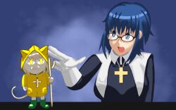 Rule 34 | 2girls, absurdres, blue eyes, blue hair, boots, breasts, cane, ciel (tsukihime), cosplay, cross, cross necklace, glasses, gloves, green footwear, highres, jewelry, latin cross, long sleeves, luce (jubilee 2025), luce (jubilee 2025) (cosplay), mefistoresdraw, melty blood, multiple girls, naked raincoat, necklace, neco-arc, neco spirit, olive branch, open mouth, raincoat, robe, rosary, rubber boots, short hair, tsukihime, tsukihime (remake), type-moon, white gloves, yellow raincoat