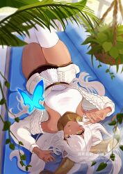 1girl absurdres aoi_tooru arknights arm_up beeswax_(arknights) beeswax_(weisser_sand)_(arknights) breasts brown_eyes commentary_request dark-skinned_female dark_skin dress english_text hand_up highres horns jacket large_breasts leaf long_hair long_sleeves looking_at_viewer lying off_shoulder on_back open_clothes open_jacket puffy_long_sleeves puffy_sleeves skindentation smile solo thighhighs very_long_hair watermark white_dress white_hair white_jacket white_thighhighs