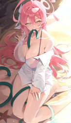 1girl absurdres ahoge bare_legs barefoot beach between_breasts bikini bikini_under_clothes blue_archive blush bow breasts cleavage feet green_eyes hair_bow hair_spread_out half-closed_eyes halo hanako_(blue_archive) hanako_(swimsuit)_(blue_archive) hand_on_own_thigh highres holding holding_hose hose hose_between_breasts lemoneko long_hair looking_at_viewer mole mole_on_thigh official_alternate_costume outdoors oversized_clothes oversized_shirt partially_unbuttoned pink_bikini pink_hair pink_halo see-through_clothes see-through_shirt shirt sitting smile solo swimsuit very_long_hair water wet wet_clothes wet_shirt white_bow white_shirt