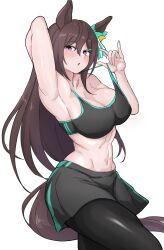 1girl alternate_costume animal_ears arm_up armpits bare_shoulders black_pantyhose black_shorts black_sports_bra breasts brown_hair chestnut_mouth cleavage collarbone commentary_request cowboy_shot ear_ornament hair_between_eyes hair_ornament hairclip highres horse_ears horse_girl horse_tail large_breasts long_hair mejiro_dober_(umamusume) miya_nns35 navel pantyhose pantyhose_under_shorts purple_eyes shorts simple_background solo sports_bra stomach strap_pull tail umamusume white_background