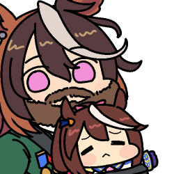 1girl =_= animal_ears bearded_girl brown_hair character_doll commentary doll facial_hair green_jacket horse_ears horse_girl jacket jazz_jack long_hair looking_at_viewer lowres medal multicolored_hair mustache photo-referenced simple_background streaked_hair symboli_rudolf_(umamusume) tokai_teio_(umamusume) umamusume umamusume_tanuki white_background