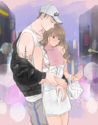 2boys bag black_hair black_jacket blush brown_eyes brown_hair city crossdressing earrings grey_eyes grey_pants halterneck hand_on_another&#039;s_crotch handbag jacket jacket_off_shoulders jewelry lemicon long_hair multiple_boys necklace original overalls pants pink_shirt reach-around shirt short_hair sleeveless strap_slip tattoo trap undershirt very_short_hair white_overalls white_shirt yaoi