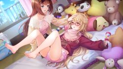 2girls :d age_play barefoot bib blonde_hair bloomers blue_eyes blush breasts brown_hair cardigan clothes_lift collarbone crazy_smile day dutch_angle empty_eyes eye_contact frilled_bib frills full_body game_cg glasses hand_on_another&#039;s_leg headpat holding holding_rattle jacket jacket_lift legs_up long_hair looking_at_another lying mugendo_saki multiple_girls no_shoes non-web_source nose_blush official_art on_back open_cardigan open_clothes open_mouth open_window orange_eyes otori_ai pink_bloomers rattle red_jacket semi-rimless_eyewear small_breasts smile socks soles spoilers stuffed_animal stuffed_dog stuffed_giraffe stuffed_panda stuffed_penguin stuffed_rabbit stuffed_toy teddy_bear toes track_jacket under-rim_eyewear underwear very_long_hair white_socks window yellow_cardigan yumeutsutsu_re:master