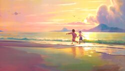 1boy 1girl absurdres barefoot bird chromatic_aberration cloud commentary_request creatures_(company) game_freak hat highres hyouka_hikami jacket juliana_(pokemon) kieran_(pokemon) nintendo outdoors outstretched_arm pokemon pokemon_sv reflection running sand school_uniform shirt shore short_sleeves shorts sky standing sun sunset twilight water