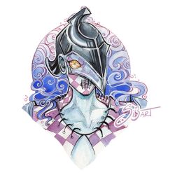 Rule 34 | 1other, argyle skin, black helmet, collarbone, colored sclera, colored skin, commentary, cropped torso, english commentary, helmet, jojo no kimyou na bouken, looking at viewer, male focus, one eye covered, painting (medium), portrait, purple haze (stand), si3art, signature, solo, stand (jojo), traditional media, vento aureo, watercolor (medium), white background, yellow sclera
