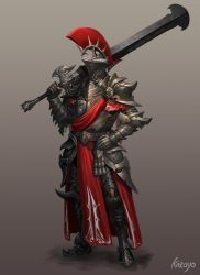 ambiguous_gender armor artist_name boots facing_viewer gauntlets gradient_background grey_background hand_on_own_hip helmet highres holding holding_sword holding_weapon katoyo85 knight original over_shoulder plate_armor simple_background sword warrior weapon