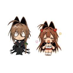 1boy 1girl :| ahoge anger_vein angry brother_and_sister brown_hair chibi chibi_only closed_mouth commentary glasses hair_intakes hair_ornament heart heart_hair_ornament highres leg_warmers meisharan nanaco_(meisharan) original round_eyewear siblings standing straight-on valentine_(meisharan) white_background white_leg_warmers