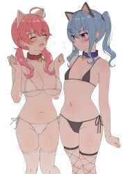 2girls ahoge animal_ears anime_coloring areola_slip bell bikini black_bikini blue_collar blue_hair blush breast_envy breasts cat_ears closed_eyes closed_mouth collar fake_animal_ears fishnet_thighhighs fishnets flat_chest halterneck hands_up highres hololive hoshimachi_suisei large_breasts long_hair low_twintails micro_bikini multiple_girls navel neck_bell norigure18 open_mouth pink_hair red_collar sakura_miko side-tie_bikini_bottom side_ponytail stomach string_bikini swimsuit thighhighs thighs twintails underboob v-shaped_eyebrows virtual_youtuber white_bikini white_thighhighs