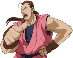 1boy bengus black_undershirt brown_hair dougi fingerless_gloves game_cg gloves hand_on_own_hip hibiki_dan highres looking_at_viewer male_focus martial_arts_belt mma_gloves muscular muscular_male non-web_source official_art open_mouth pointing pointing_at_self ponytail portrait short_hair simple_background sleeveless solo street_fighter street_fighter_zero_(series) teeth torn_clothes torn_sleeves undershirt upper_body upper_teeth_only v-shaped_eyebrows white_background