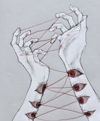 absurdres bloodshot_eyes body_horror extra_eyes fingernails grey_background greyscale hand_focus highres monochrome original out_of_frame red_eyes revol4357 simple_background sketch spot_color surreal