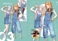 Rule 34 | 2girls, ;d, absurdres, bare legs, black shirt, blue overalls, blush, bracelet, character name, commentary request, full body, gakuen idolmaster, grey hair, hand on own hip, highres, idolmaster, jewelry, katsuragi lilja, looking at viewer, matching hairstyle, mogami rin, multiple girls, one eye closed, open mouth, orange hair, overall shorts, overalls, ponytail, shirt, shiun sumika, shoes, short sleeves, sidelocks, sleeveless, sleeveless shirt, smile, sneakers, translation request, white shirt