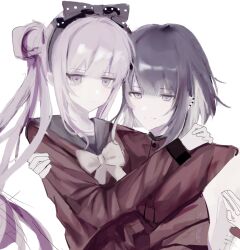 black_bow bow brother_and_sister ear_piercing hair_bow highres holding_hands hug long_sleeves matching_hair/eyes piercing pink_eyes pink_hair purple_hair siblings simple_background the_hundred_line_-last_defense_academy- tsukumo_ima tsukumo_kako twins twintails white_background