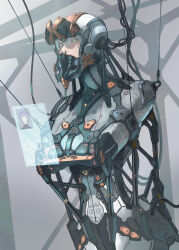 1girl absurdres aqua_hair bdsm cable gagged green_eyes head-mounted_display helmet highres hologram immobilization mask nose_tube original piston respirator restrained science_fiction solo stationary_restraints straitjacket suspension sweat tube uehame visor_lift