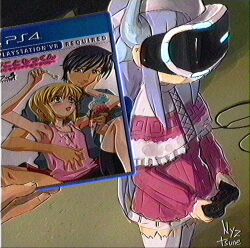 1girl 2boys app_filter boku_no_pico capelet controller dragon_girl dragon_horns frilled_capelet frills game_console head-mounted_display highres holding holding_controller horns kanna_kamui kobayashi-san_chi_no_maidragon logo multiple_boys nagilamagykalz pico_(boku_no_pico) playstation_4 playstation_controller playstation_vr pov short_hair standing tamotsu_(boku_no_pico) thighhighs third-party_source vhs_artifacts virtual_reality white_hair white_thighhighs yoshiten