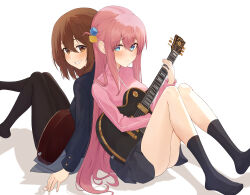 2girls absurdres angdo_(kakajo26) black_pantyhose black_socks blazer blue_eyes blue_jacket blue_skirt blush bocchi_the_rock! breasts brown_hair closed_mouth commentary_request crossover cube_hair_ornament double-parted_bangs electric_guitar embarrassed frown full_body gibson_les_paul gotoh_hitori grey_skirt grin guitar hair_between_eyes hair_ornament hair_over_shoulder hair_spread_out highres hirasawa_yui holding holding_guitar holding_instrument holding_plectrum instrument jacket k-on! knees_up large_breasts long_bangs long_hair long_sidelocks long_sleeves looking_at_viewer looking_back medium_hair miniskirt multiple_girls no_shoes pantyhose pink_hair pink_jacket pleated_skirt plectrum raised_inner_eyebrows sakuragaoka_high_school_uniform school_uniform shadow sidelocks simple_background sitting skirt smile socks track_jacket turning_head very_long_hair white_background