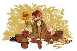 Rule 34 | 1boy, agfgoth 3, basil (birthday) (omori), basil (faraway) (omori), basil (omori), big yellow cat (omori), blonde hair, blue eyes, blush, boots, bright pupils, brown boots, cactus, cat, flower, green sweater, highres, knee up, lace-up boots, long sleeves, looking at viewer, male focus, mewo, official alternate costume, omori, open mouth, plant, potted plant, short hair, sitting, smile, solo, sunflower, sweater, teeth, upper teeth only, white pupils