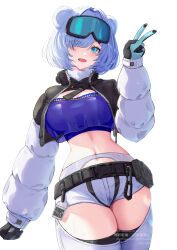 1girl animal_ears aoi_tooru arknights arknights:_endfield aurora_(arknights) bear_ears bear_girl bear_tail belt belt_pouch black_belt black_gloves black_jacket blue_eyes blue_sports_bra blush breasts clothing_cutout commentary_request cowboy_shot cropped_jacket gloves goggles goggles_on_head hair_over_one_eye hand_up highres jacket large_breasts long_sleeves looking_at_viewer midriff multicolored_jacket navel open_clothes open_jacket open_mouth pants pouch puffy_long_sleeves puffy_sleeves short_hair short_shorts shorts simple_background ski_goggles smile snowshine_(arknights) solo sports_bra stomach tail thick_thighs thigh_cutout thighs two-tone_gloves two-tone_jacket v watermark white_background white_gloves white_hair white_jacket white_pants white_shorts