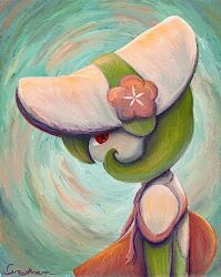Rule 34 | animal focus, bonnet, clothed pokemon, colored skin, flower, from side, gardevoir, gen 3 pokemon, green hair, green skin, gyura, hat, hat flower, multicolored skin, nintendo, no humans, pokemon, pokemon (creature), pokemon focus, two-tone skin, upper body, white bonnet, white skin
