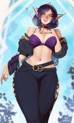 1girl ;) absurdres ahoge artist_name bare_shoulders belt belt_buckle black_belt black_choker black_nails black_pants blush breasts buckle choker cleavage commentary detached_sleeves ear_piercing english_commentary fingernails green_eyes hand_on_own_chest heart highres large_breasts long_fingernails long_hair long_pointy_ears maewix_(artist) midriff nail_polish navel one_eye_closed original pants parted_lips piercing pink_lips pointy_ears puffy_detached_sleeves puffy_sleeves purple_hair smile solo spaghetti_strap sweat very_long_hair wide_hips