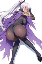 1girl all_fours ass ass_focus blush bodysuit boots braid breasts cape dark_skin from_behind girls&#039;_frontline girls&#039;_frontline_2:_exilium hair_ornament high_heel_boots high_heels highres huge_ass large_breasts long_hair looking_at_viewer looking_back nemesis_(girls&#039;_frontline_2) ponytail purple_eyes raygun19 sideboob solo top-down_bottom-up twin_braids very_long_hair white_hair