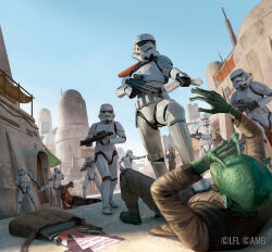 6+boys alien antennae armor blue_sky brown_jacket brown_pants colored_skin day green_skin gun holding holding_gun holding_weapon jacket lying mos_eisley multiple_boys on_back outdoors pants rodian sky standing star_wars star_wars_legion stormtrooper tatooine watermark weapon white_armor wilmar_ballespi