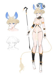 1girl absurdres alternate_costume animal_ears bare_shoulders bikini black_bikini black_gloves black_socks blonde_hair blue_archive blue_eyes cat_ears cat_girl cat_tail closed_mouth fingerless_gloves gloves hair_bun highres holding holding_staff kneehighs looking_at_viewer pelvic_curtain shoes socks solo staff swimsuit tail toki_(blue_archive) weiiew white_bikini white_shoes