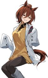 1girl agnes_tachyon_(umamusume) animal_ears atnyang black_necktie black_pantyhose black_skirt breasts brown_hair coat collared_shirt hair_between_eyes highres horse_ears horse_girl horse_tail large_breasts long_sleeves looking_at_viewer necktie open_clothes open_coat pantyhose parted_lips red_eyes shirt short_hair short_necktie simple_background sitting skirt sleeves_past_fingers sleeves_past_wrists smile solo sweater tail umamusume white_background white_coat wolf_cut yellow_sweater