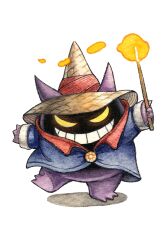 1other black_mage_(final_fantasy) blue_cloak cloak commentary conical_hat english_commentary final_fantasy gen_1_pokemon gengar glowing glowing_eyes holding holding_wand looking_at_viewer magic nintendo oliver_hamlin pokemon pokemon_(creature) smile wand white_background yellow_eyes